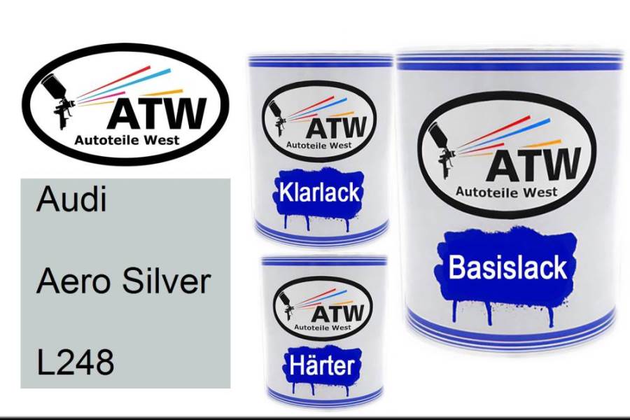 Audi, Aero Silver, L248: 1L Lackdose + 1L Klarlack + 500ml Härter - Set, von ATW Autoteile West.